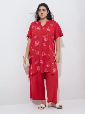 Diza Red Floral Embroidered High-Low Kurta