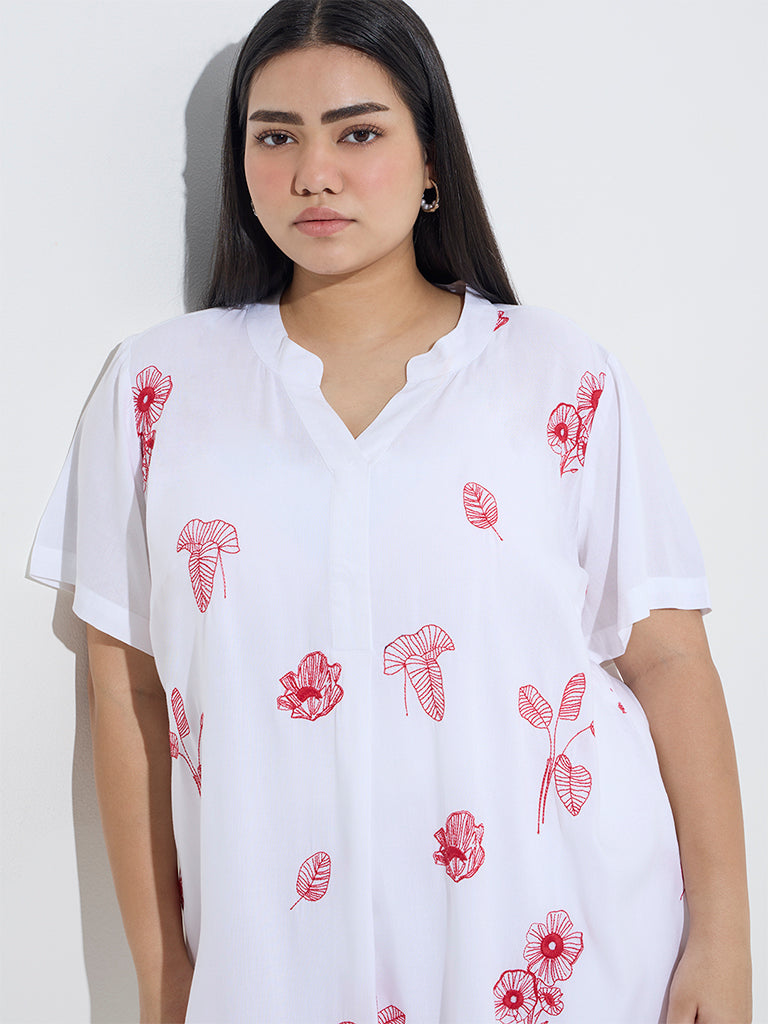 Diza White Botanical Embroidered High-Low Kurta - Image 2