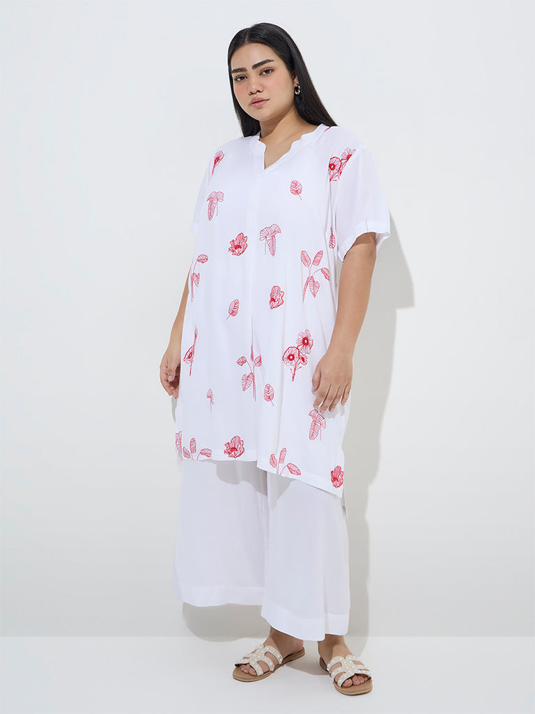 Diza White Botanical Embroidered High-Low Kurta - Image 3