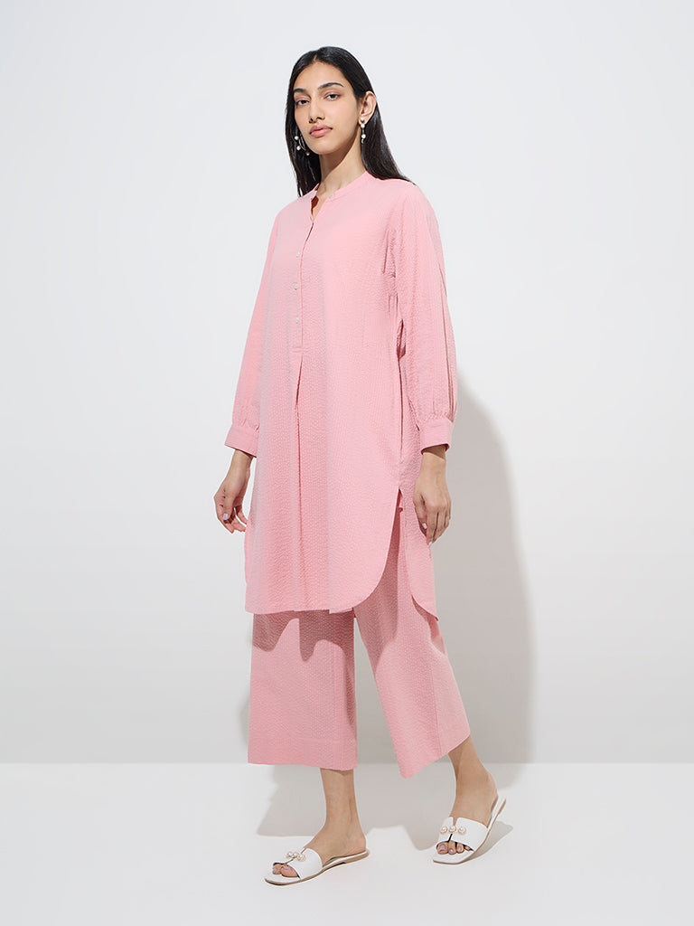 Utsa Light Pink Seersucker Striped Cotton A-Line Kurta - Image 2
