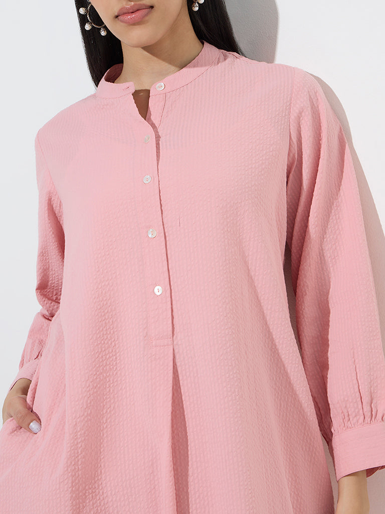 Utsa Light Pink Seersucker Striped Cotton A-Line Kurta - Image 3