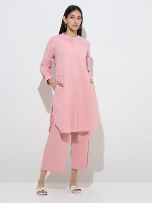 Utsa Light Pink Seersucker Striped Cotton A-Line Kurta