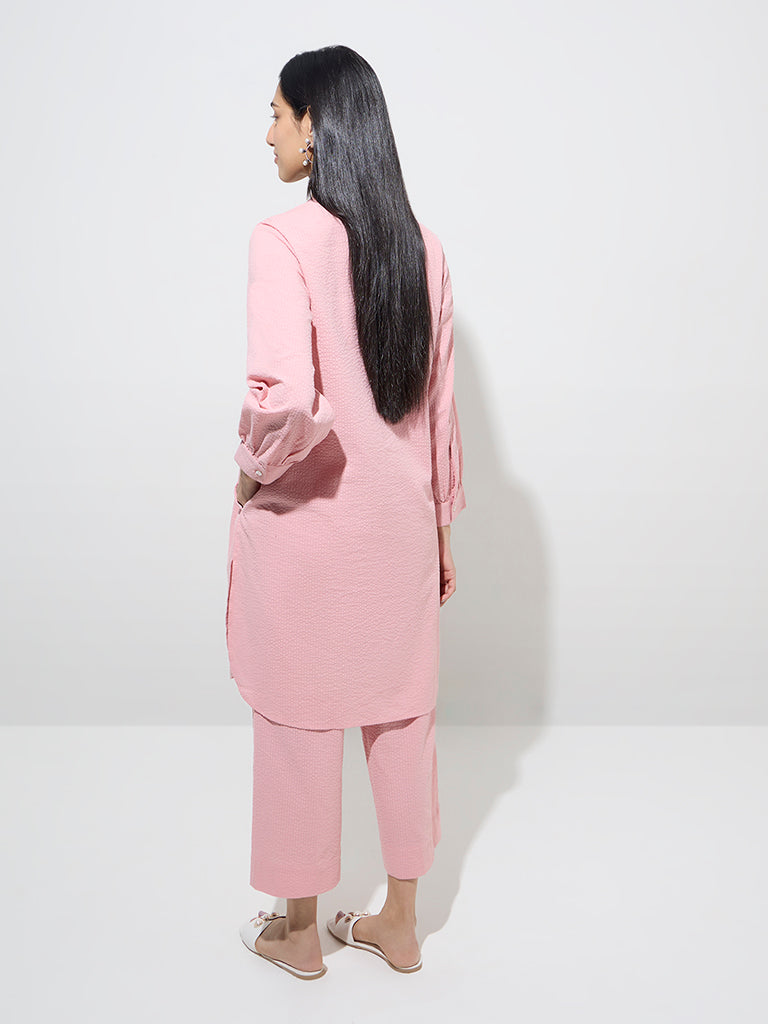 Utsa Light Pink Seersucker Striped Cotton A-Line Kurta - Image 4