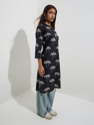 Utsa Black Floral Design Straight Cotton Kurta