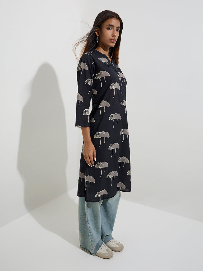 Utsa Black Floral Design Straight Cotton Kurta