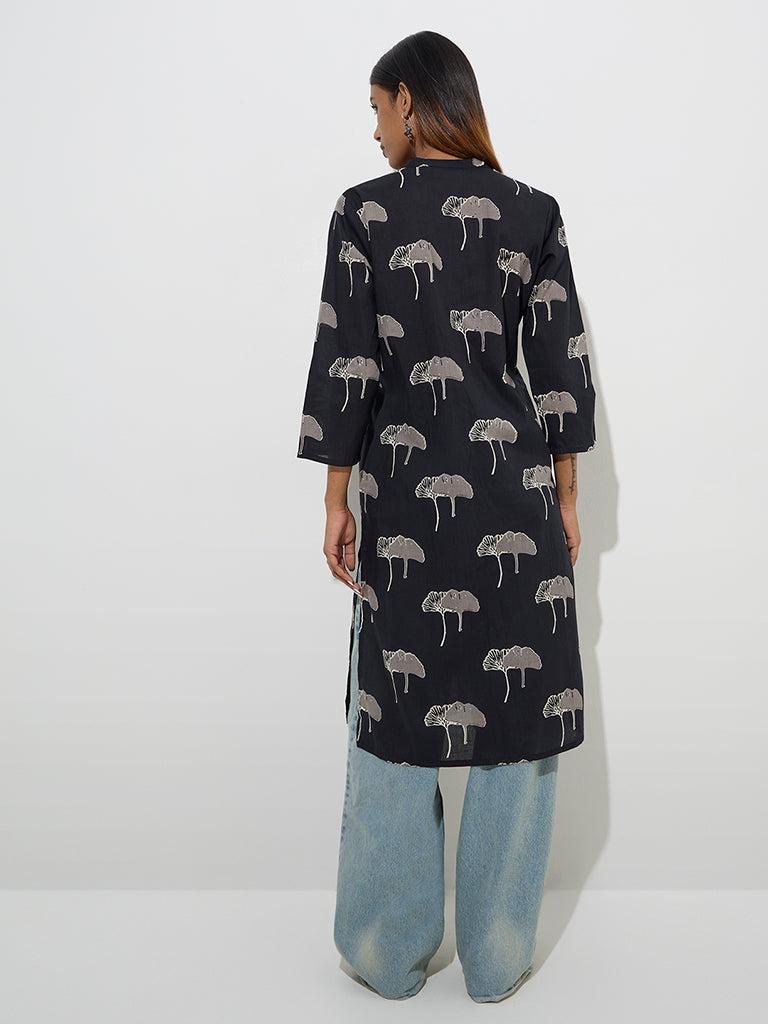 Utsa Black Floral Design Straight Cotton Kurta - Image 4