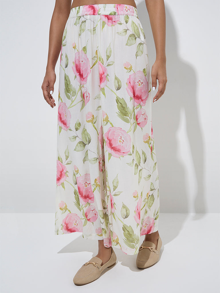 Zuba White Floral Printed High-Rise Palazzos