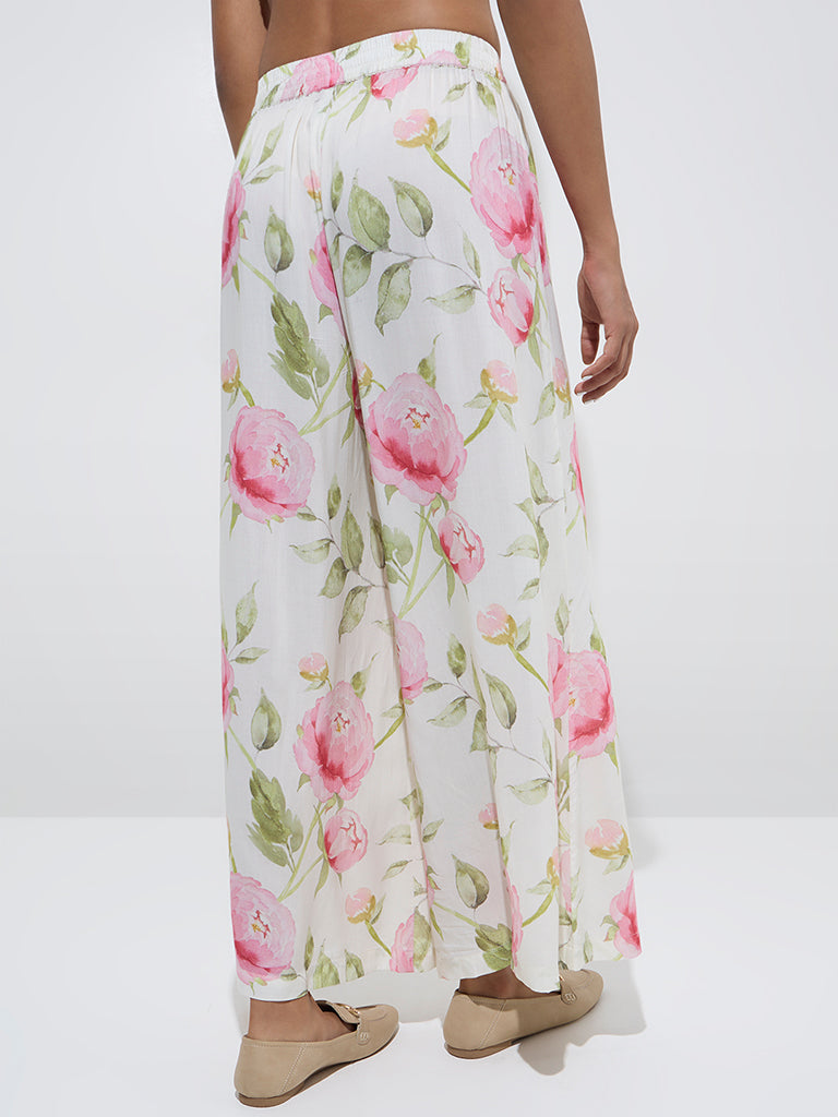 Zuba White Floral Printed High-Rise Palazzos - Image 2