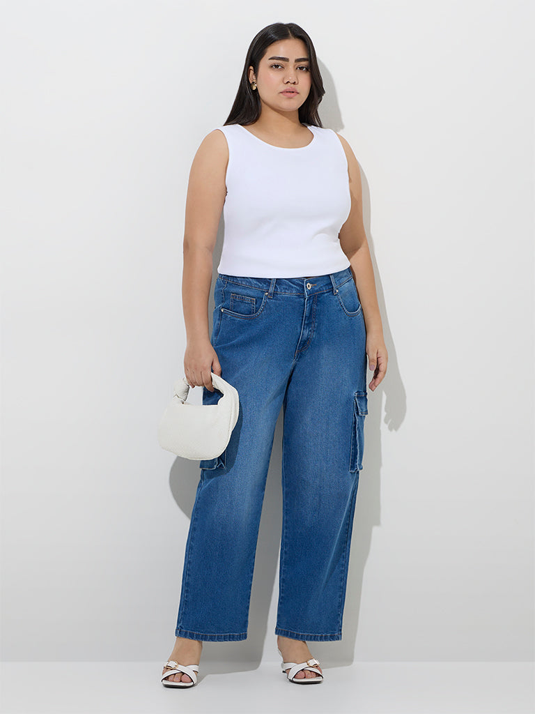Gia Dark Blue Cargo-Style Relaxed-Fit Mid-Rise Jeans