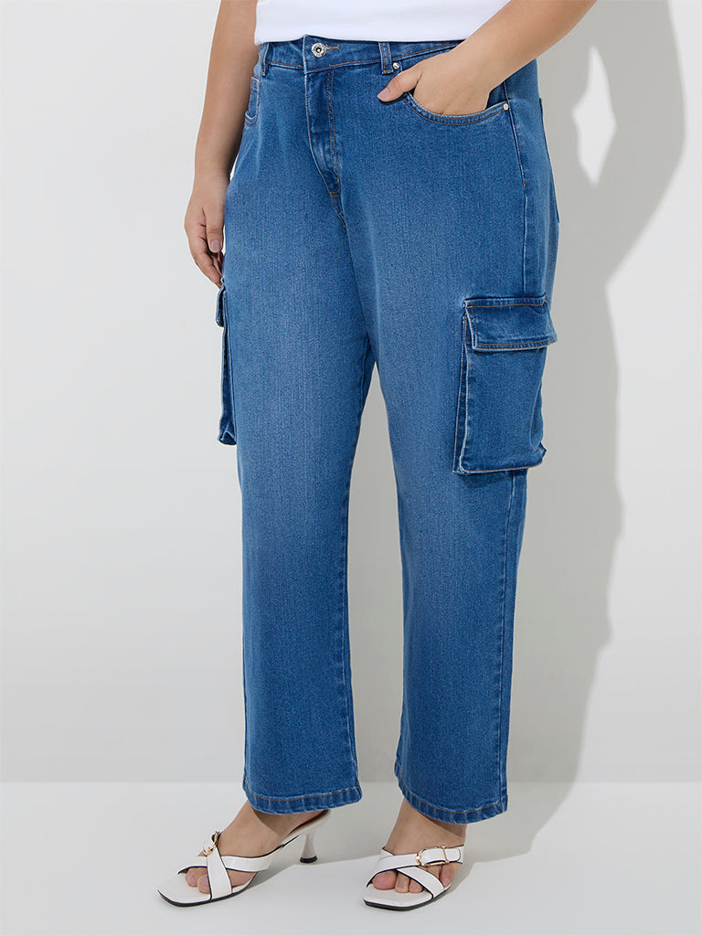 Gia Dark Blue Cargo-Style Relaxed-Fit Mid-Rise Jeans - Image 2