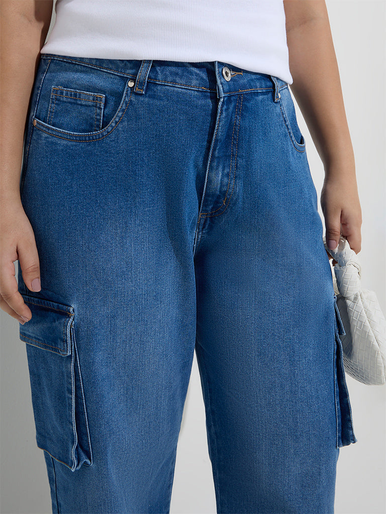 Gia Dark Blue Cargo-Style Relaxed-Fit Mid-Rise Jeans - Image 3