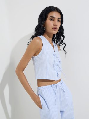 Nuon Blue Bow-Detailed Striped Cotton-Blend Top