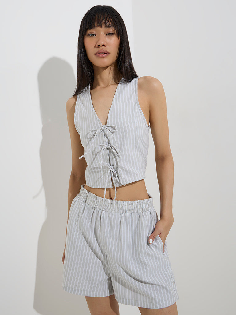 Nuon Sage Stripe Printed Cotton-Blend Top