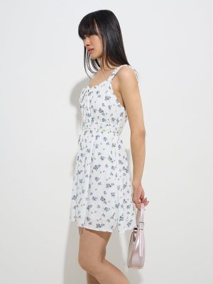 Nuon White Floral Design Cotton A-Line Dress