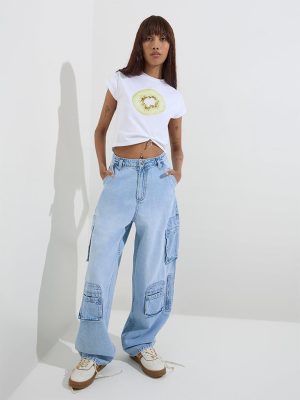 Nuon Light Blue Cargo-Style Relaxed-Fit High-Rise Jeans