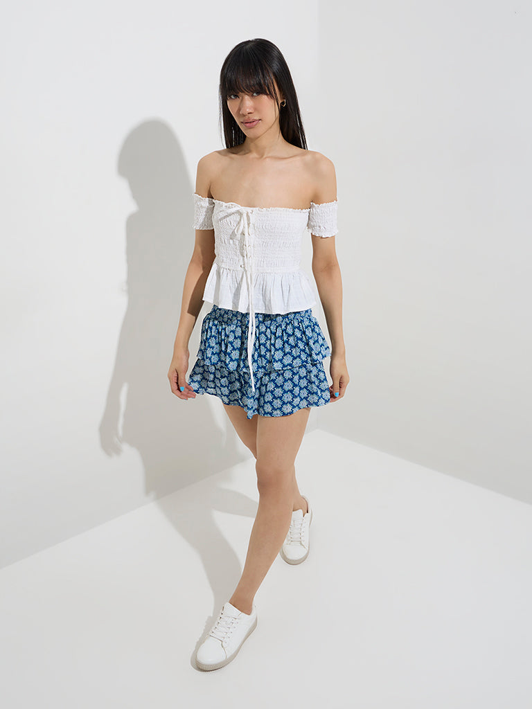 Nuon Blue Floral Pattern High-Rise Cotton Skirt