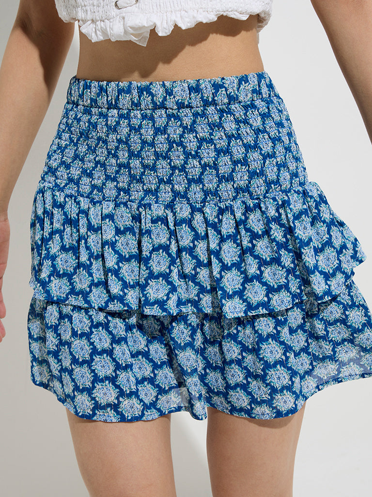 Nuon Blue Floral Pattern High-Rise Cotton Skirt - Image 2