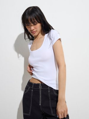 Nuon White Ribbed Cotton-Blend T-Shirt