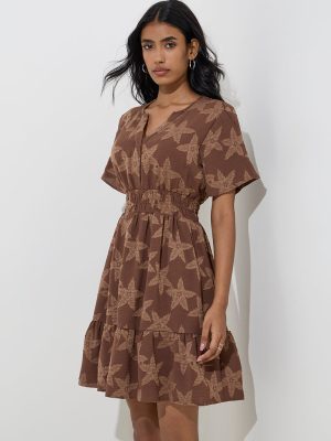 LOV Brown Floral Design A-Line Dress
