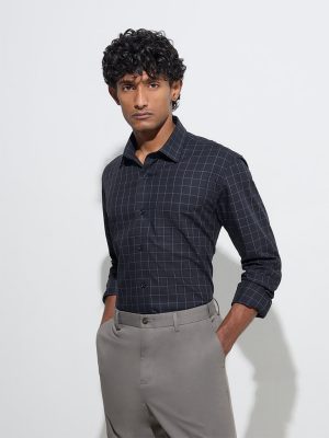 WES Formals Black Checks Design Relaxed-Fit Cotton Shirt