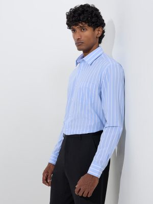 WES Formals Blue Stripe Printed Relaxed-Fit Cotton Shirt