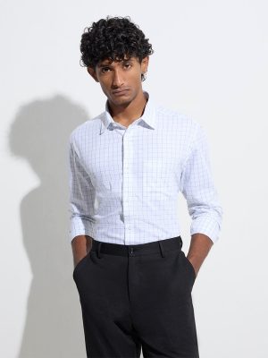 WES Formals White Checks Printed Slim-Fit Cotton Shirt