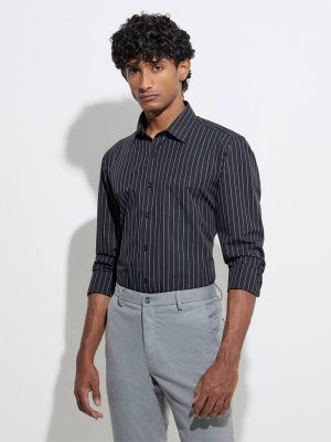 WES Formals Black Striped Pattern Slim-Fit Cotton Shirt