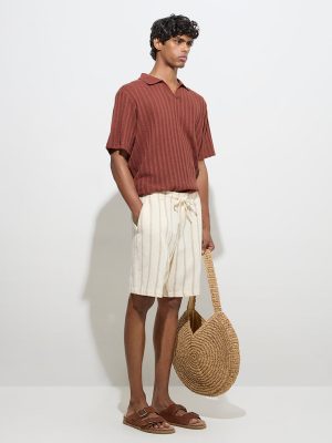 ETA Light Beige Striped Relaxed-Fit Mid-Rise Cotton Shorts