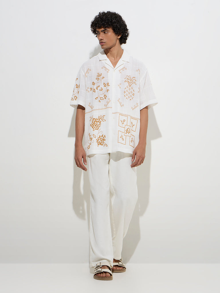 ETA Off-White Embroidered Relaxed-Fit Cotton Shirt