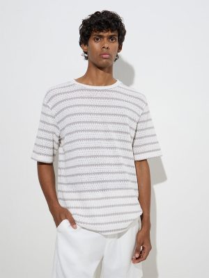 ETA Grey Striped Knit-Texture Relaxed-Fit T-Shirt