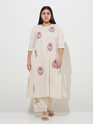 Diza Off-White Floral Embroidered Cotton-Blend A-Line Kurta