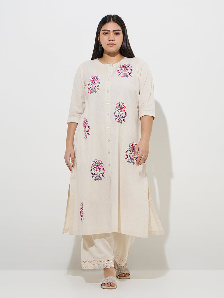 Diza Off-White Floral Embroidered Cotton-Blend A-Line Kurta