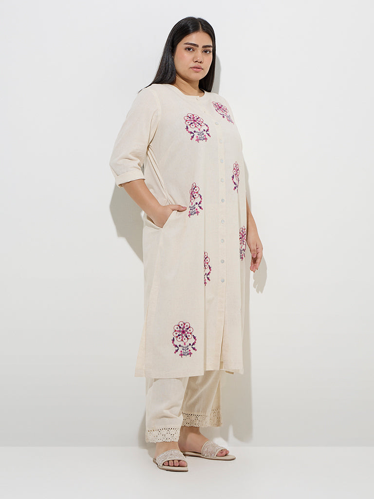 Diza Off-White Floral Embroidered Cotton-Blend A-Line Kurta - Image 2