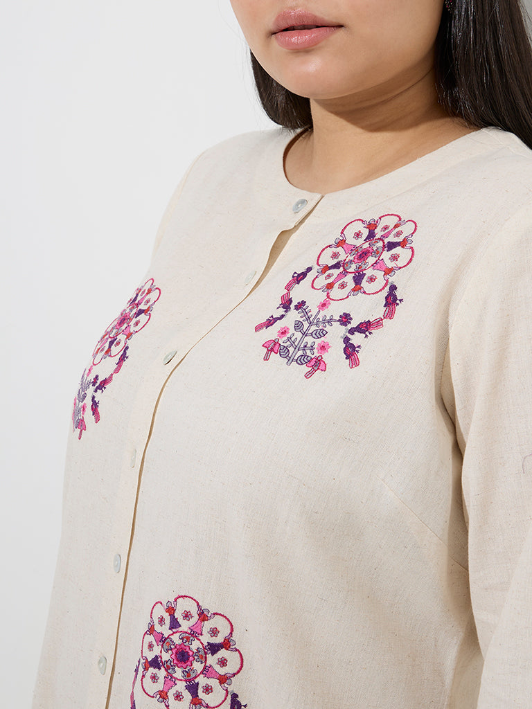 Diza Off-White Floral Embroidered Cotton-Blend A-Line Kurta - Image 3