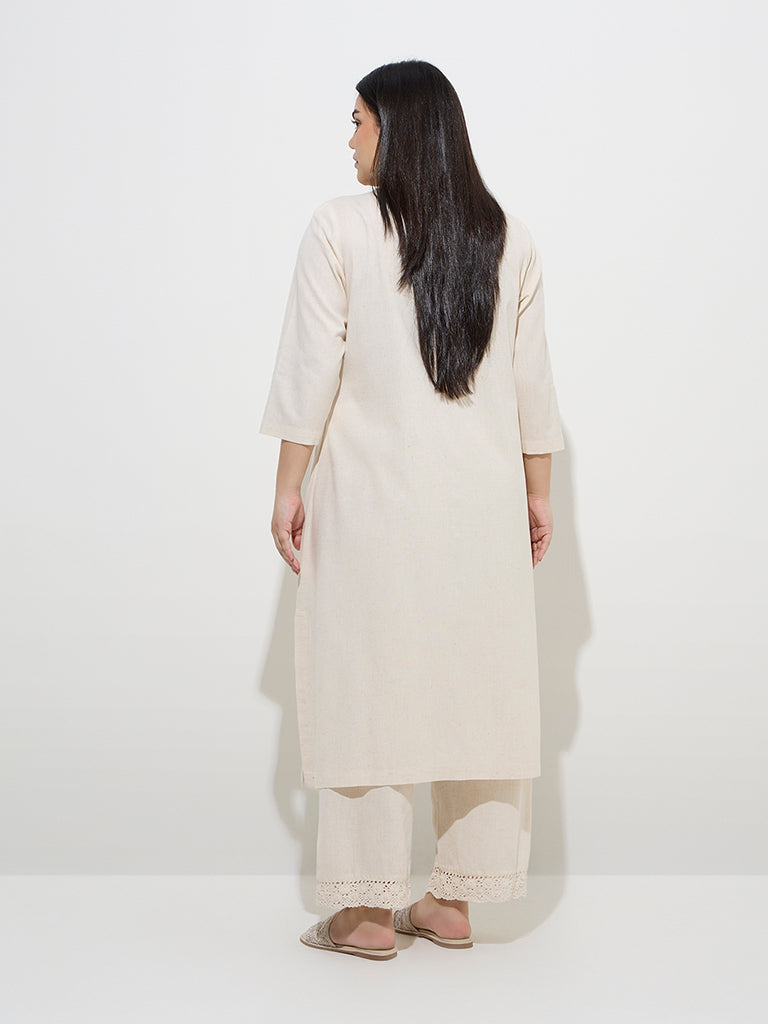 Diza Off-White Floral Embroidered Cotton-Blend A-Line Kurta - Image 4