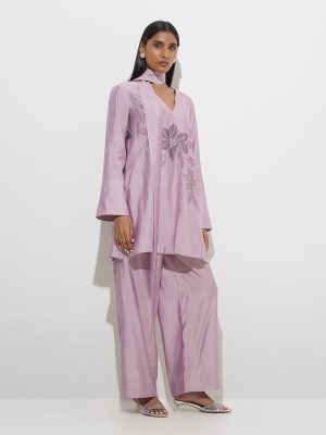 Vark Lilac Embellished A-Line Kurti. Palazzos and Sash Set