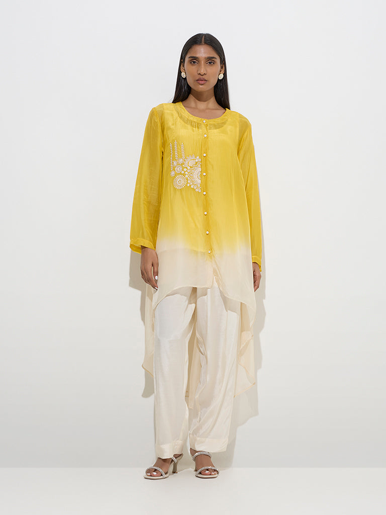 Vark Yellow Ombre High-Low Kurta. Inner and Pants Set