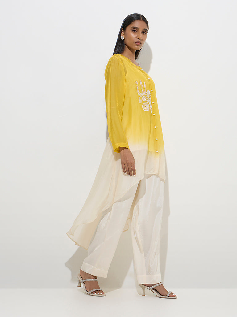 Vark Yellow Ombre High-Low Kurta. Inner and Pants Set - Image 2