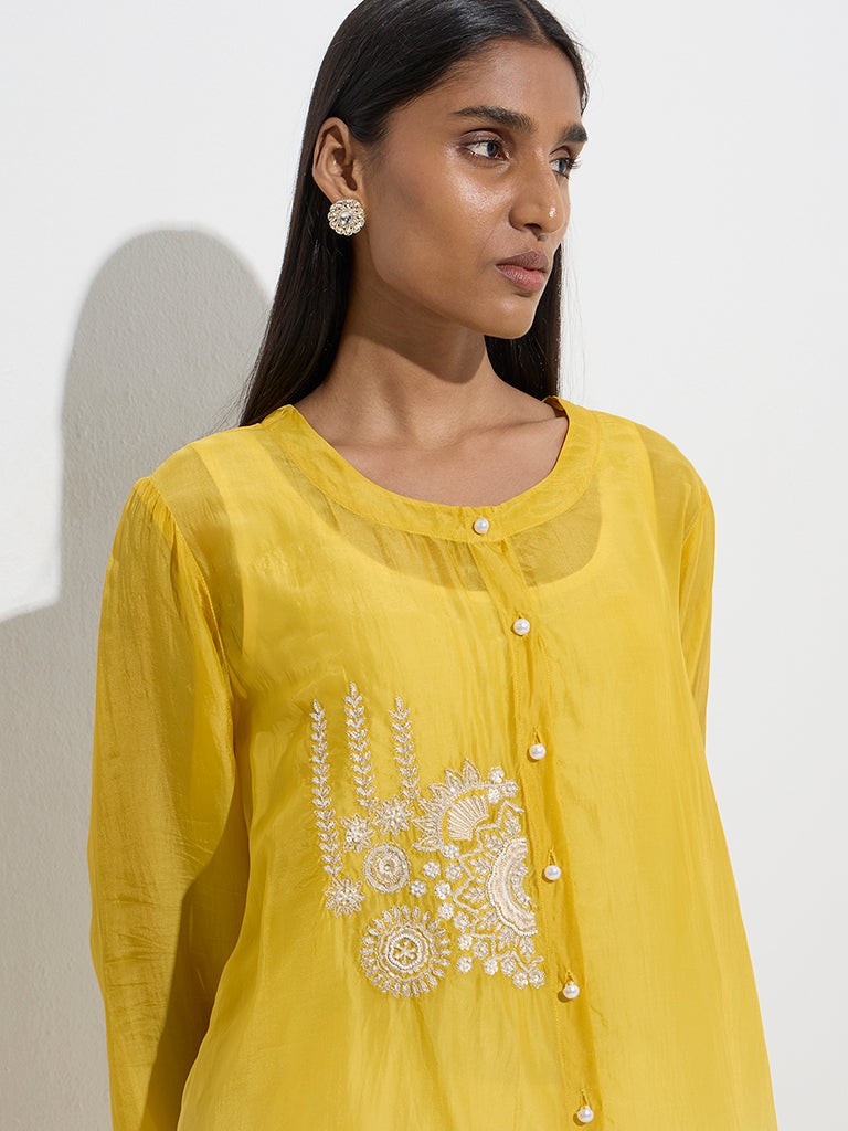 Vark Yellow Ombre High-Low Kurta. Inner and Pants Set - Image 3