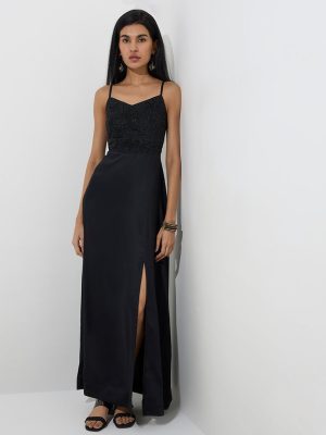 Vark Black Floral Embellished A-Line Dress