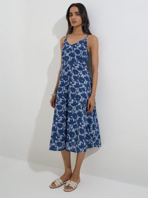 Utsa Navy Floral Design A-Line Cotton Dress