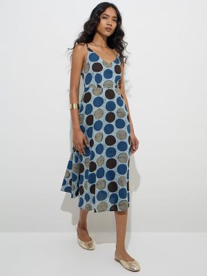 Utsa Blue Geometric Design Cotton A-Line Dress