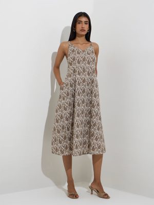 Utsa Taupe Paisley Printed Cotton A-Line Dress