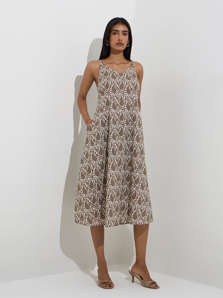 Utsa Taupe Paisley Printed Cotton A-Line Dress