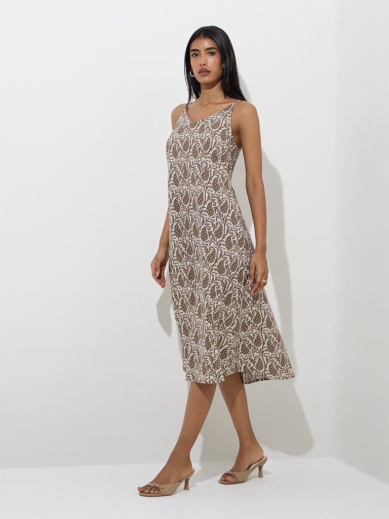 Utsa Taupe Paisley Printed Cotton A-Line Dress - Image 2