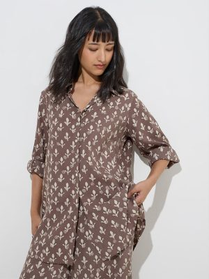 Utsa Taupe Botanical Printed Tunic