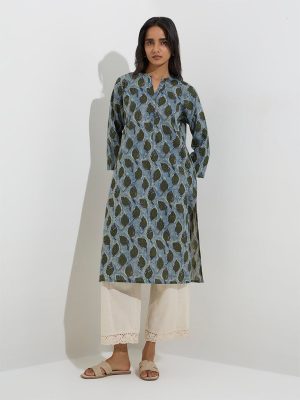 Utsa Blue Leaf Design Straight Cotton Kurta