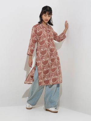 Utsa Brown Floral Pattern Cotton Straight Kurta