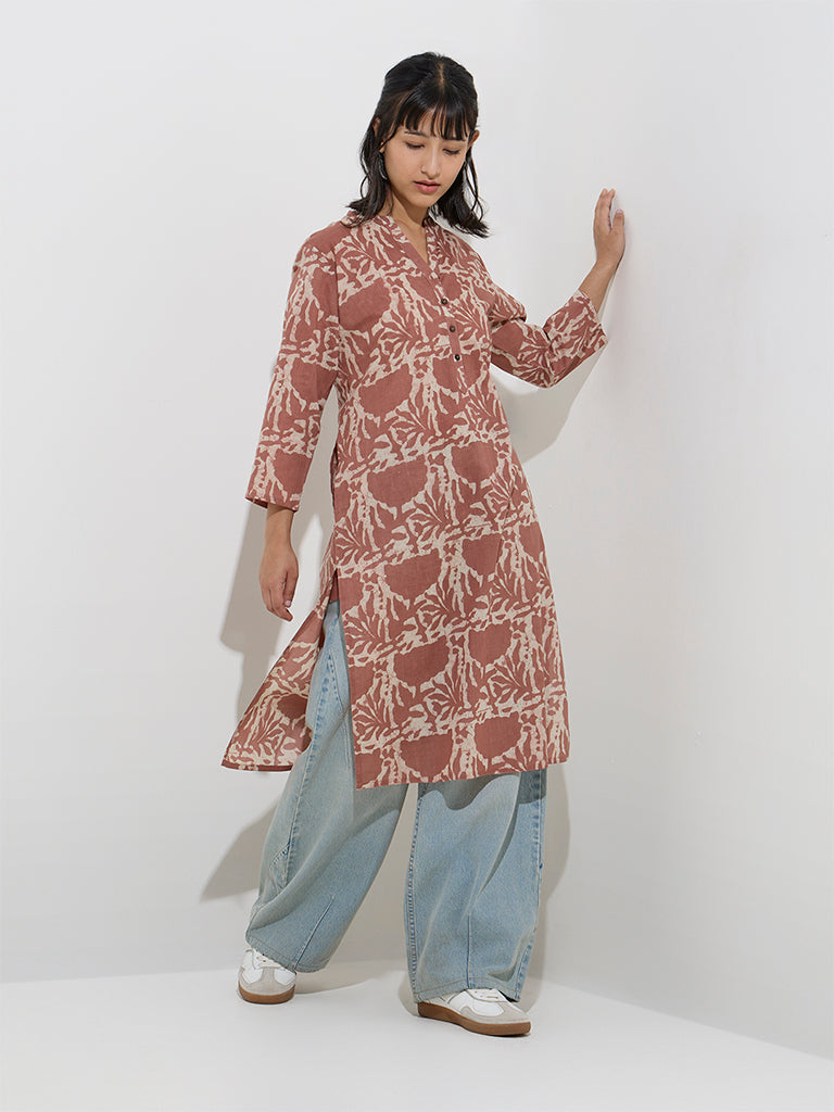 Utsa Brown Floral Pattern Cotton Straight Kurta
