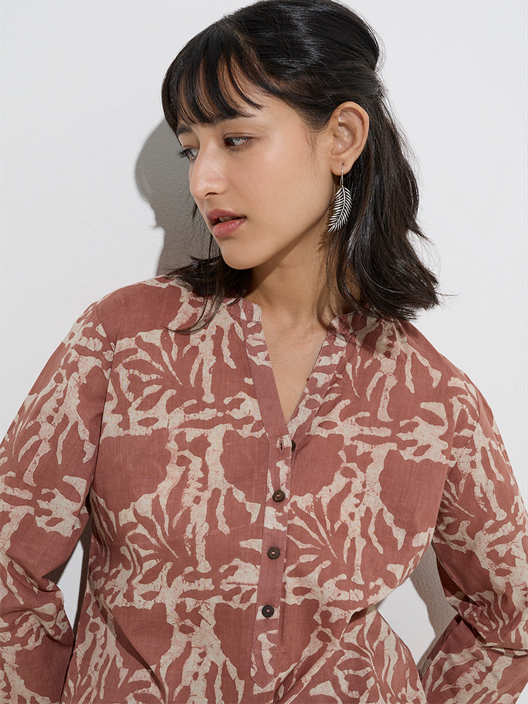 Utsa Brown Floral Pattern Cotton Straight Kurta - Image 2